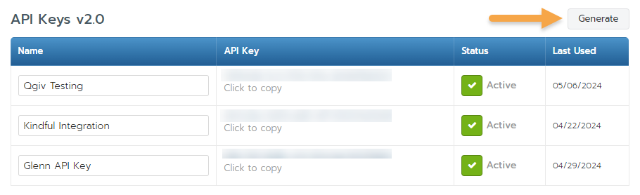 API Keys table in Bloomerang with arrow pointing to Generate button.png