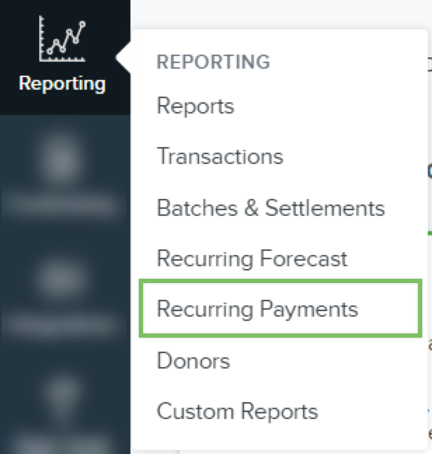 Reporting nav item with menu and box around Recurring Payments.png
