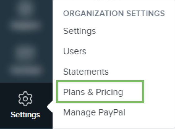 Settings nav items with menu and box around Plans and Pricing.png