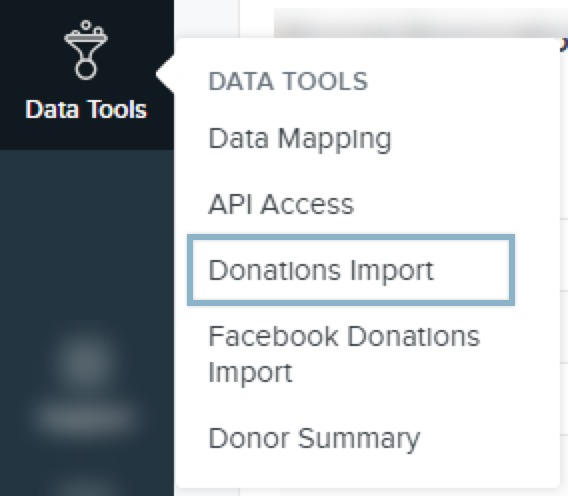 Data Tools nav item with menu and box around Donations Import.png