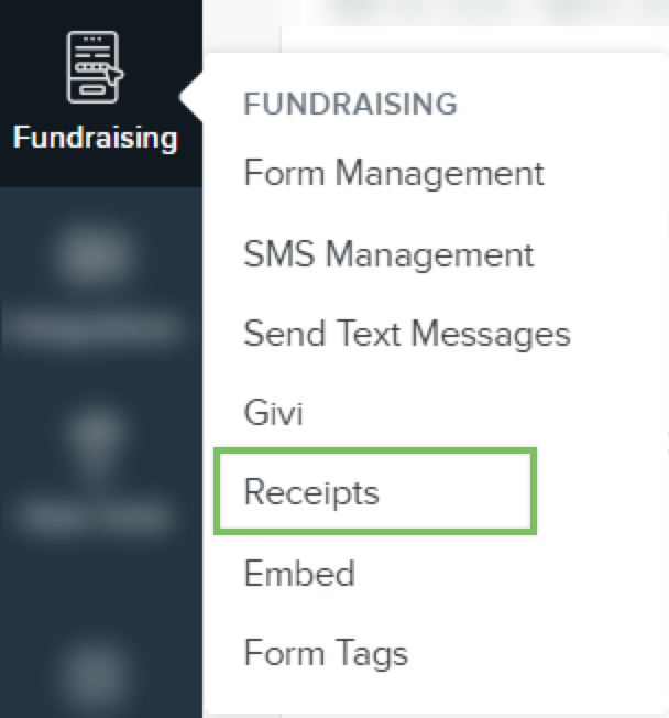 Fundraising nav item with menu and box around Receipts.png