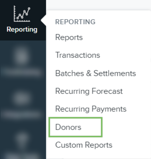 Reporting nav item with menu and box around Donors.png