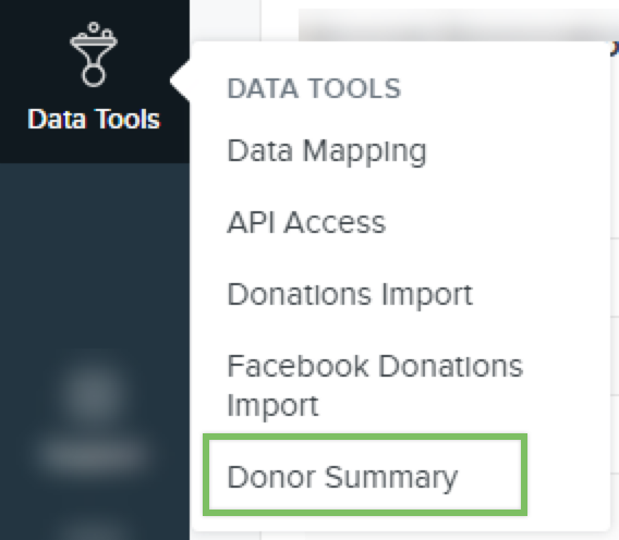 Data Tools nav item with menu with box around Donor Summary.png
