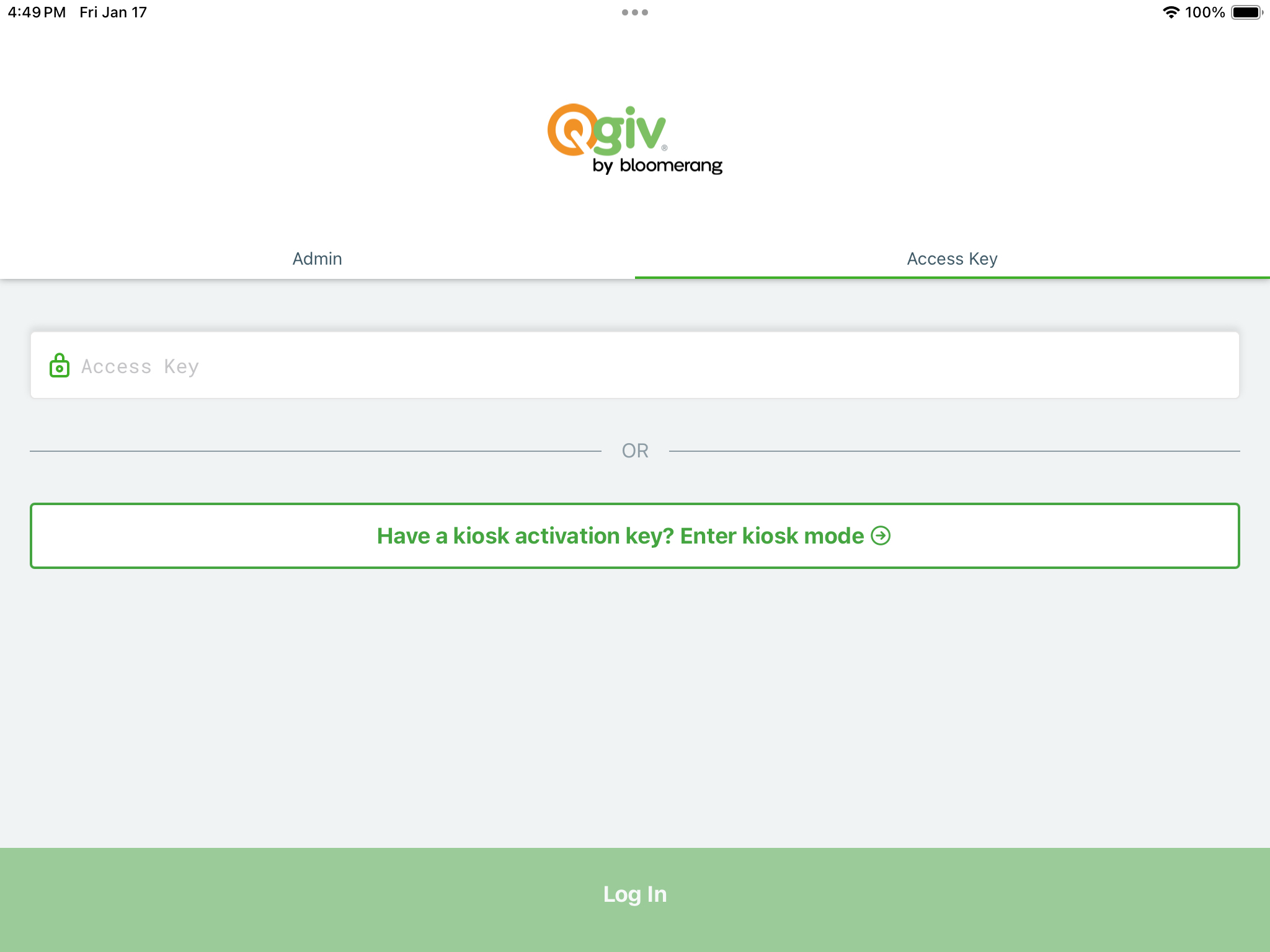MVT Access Key screen with Kiosk button.png