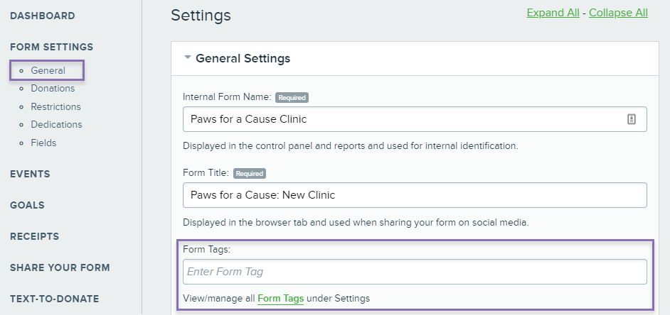 Form Settings General with no tag and box around the Form Tags area