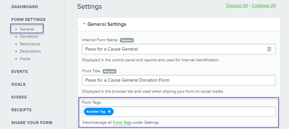 Form Settings General with box around Form Tags area