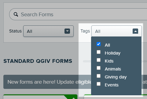 Form tag filter area on the My Qgiv page. Dropdown shows checkboxes next to each of the organization's form tags