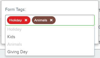 Form Tags window with Holiday tag and Animals tag selected