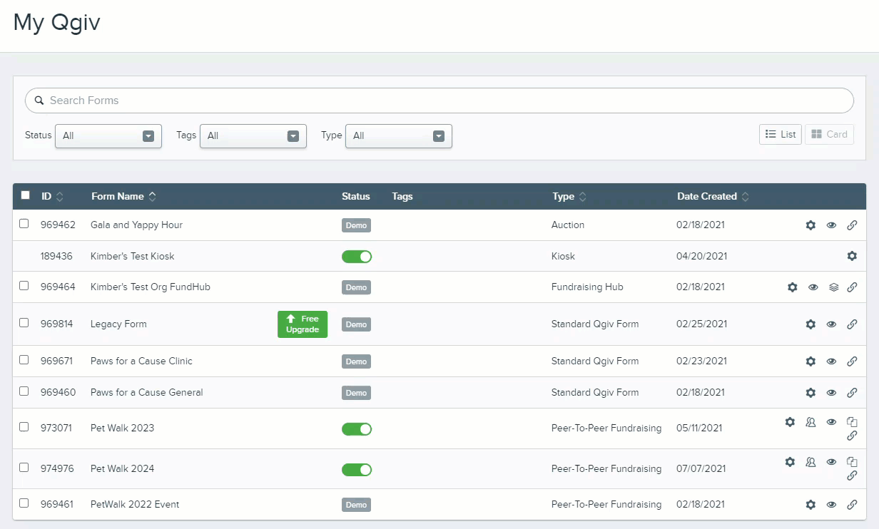 Gif showing the process for adding a tag in My Qgiv List view