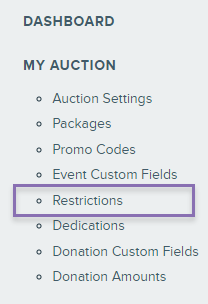 My Auction navigation with box around Restrictions link
